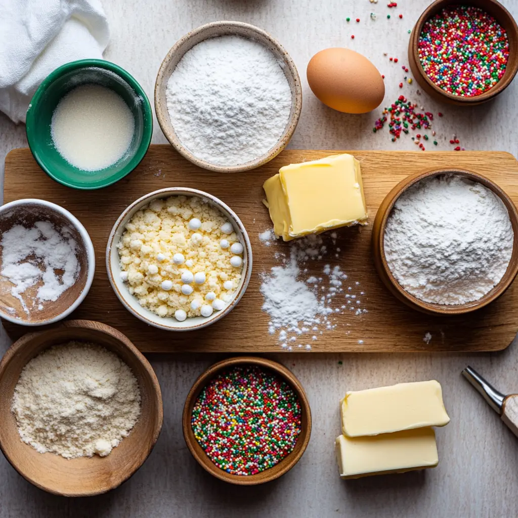 Christmas cake batter cookies ingredients laid out neatly, clean and uncluttered