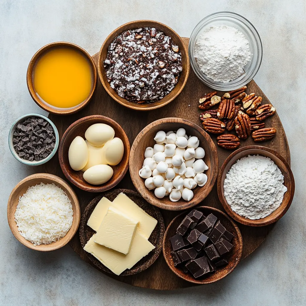 Close-up of ingredients for Earthquake Cake Recipe, arranged neatly on a countertop