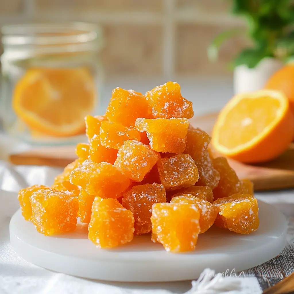 Fresh ingredients for homemade orange candy laid out on a clean surface