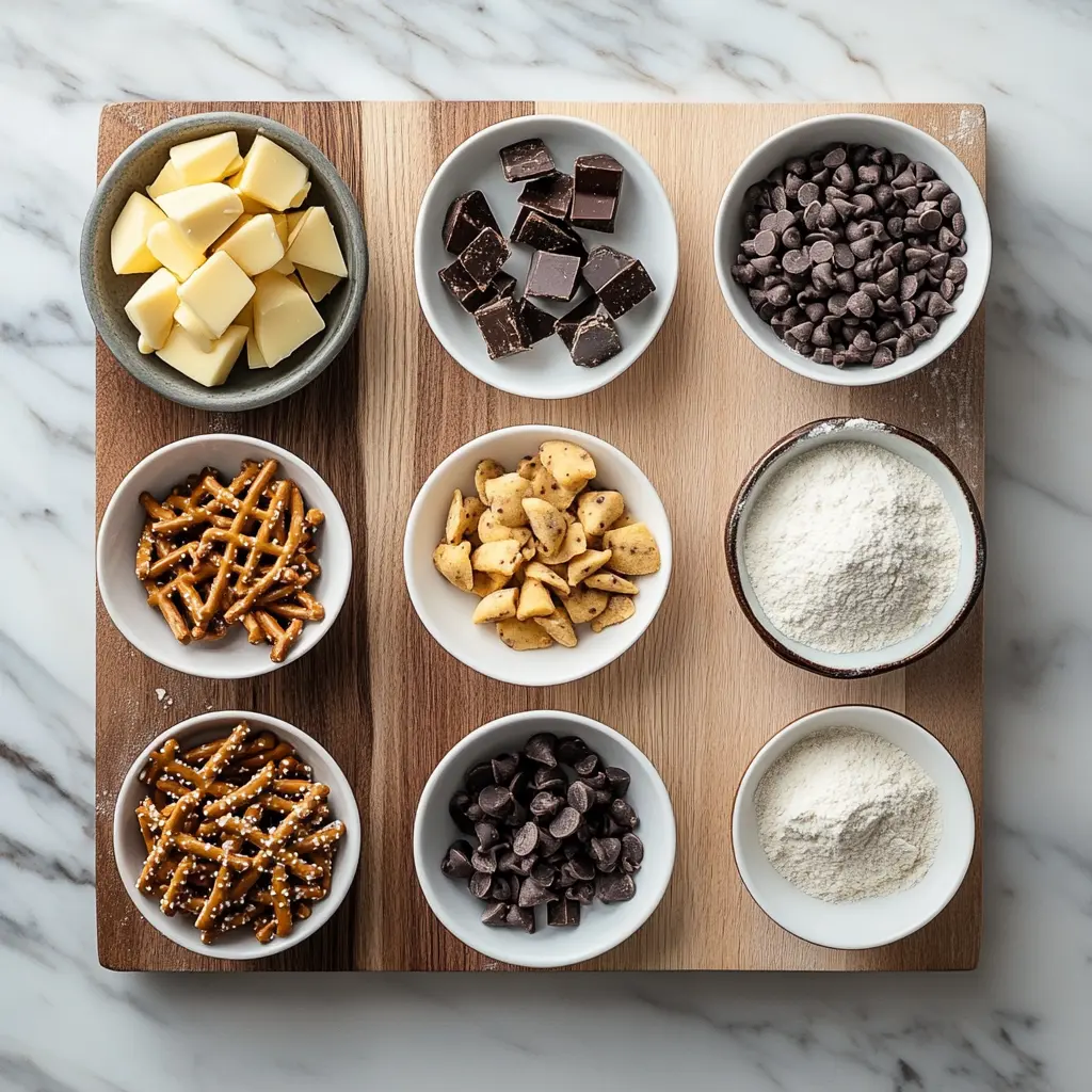 How to Make Kitchen Sink Cookies Deliciously 3 A close-up view of various KITCHEN SINK COOKIES ingredients, clean and uncluttered, ready for baking.