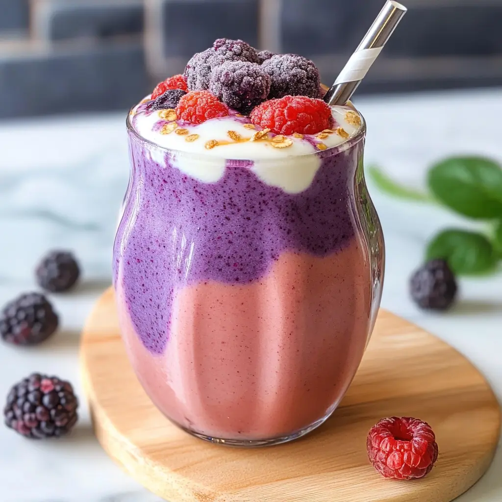 Layered Triple Berry Smoothie ingredients arranged neatly