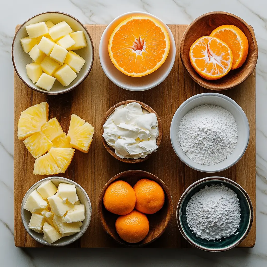 MILLION DOLLAR CAKE ingredients laid out, clean and uncluttered