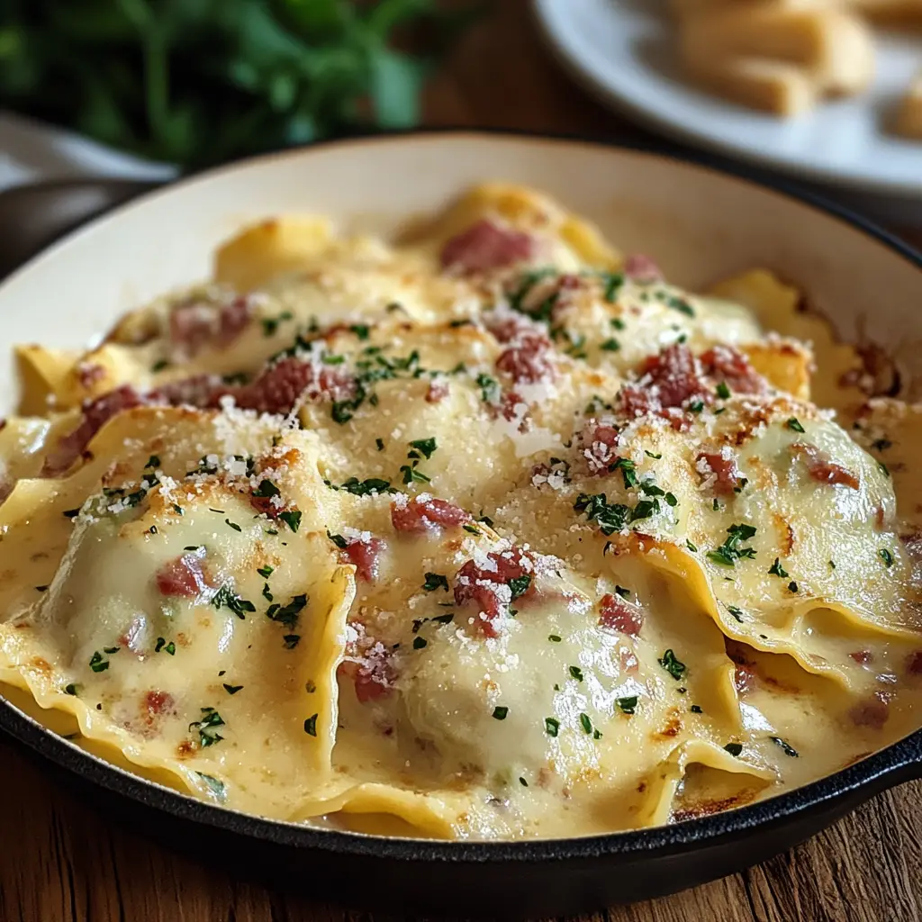 Ingredients for Olive Garden-inspired ravioli carbonara, neatly arranged and ready to use