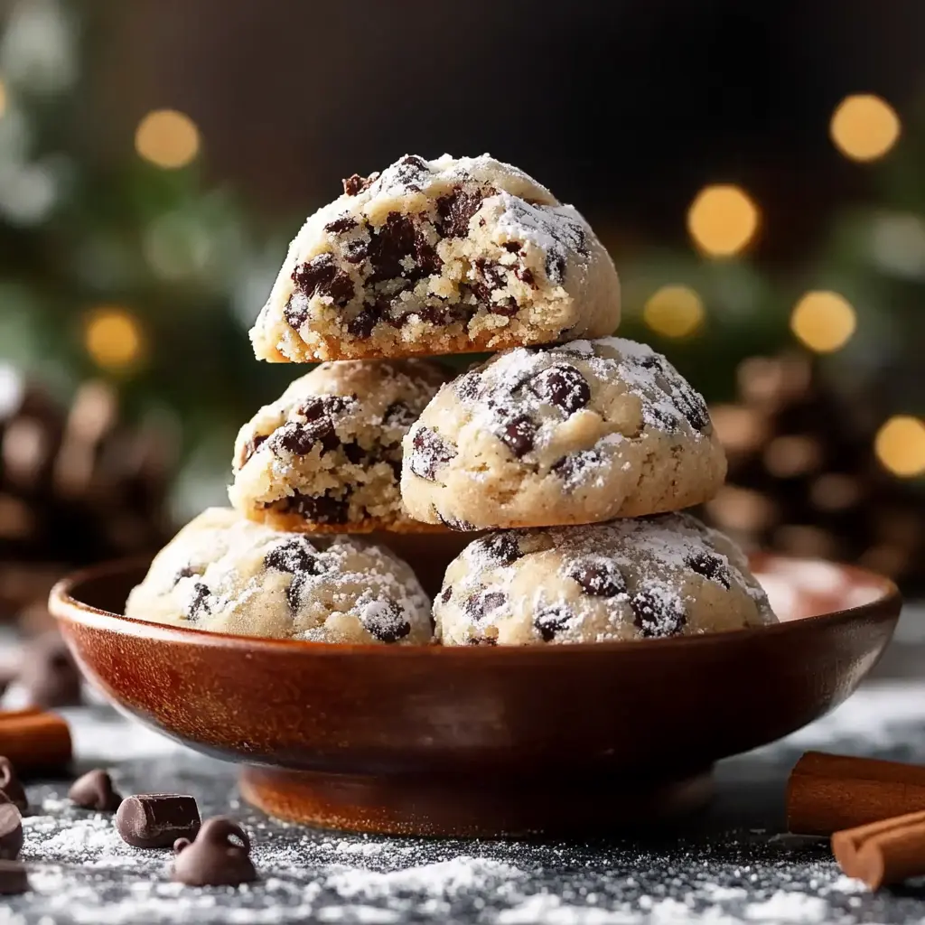 PEANUT BUTTER CHOCOLATE CHIP SNOWBALL COOKIES centered hero view, clean and uncluttered