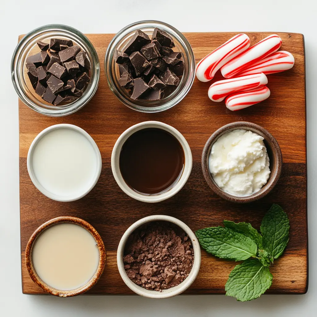 Ingredients for Peppermint Mocha Recipe displayed neatly on a clean surface
