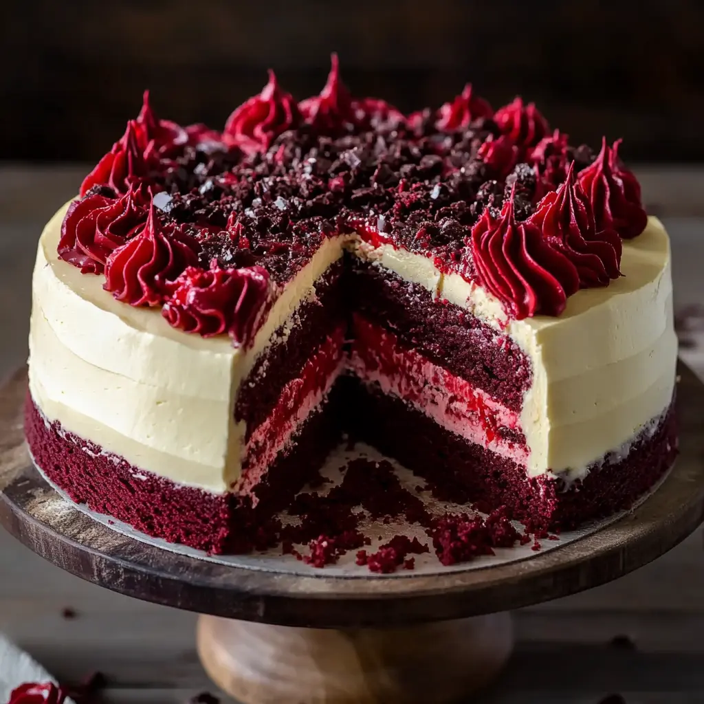 Red Velvet Cheesecake Layer Cake centered hero view, clean and uncluttered
