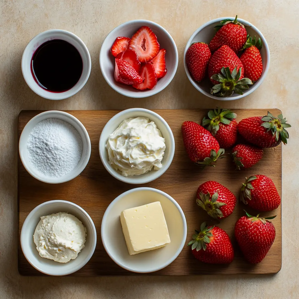 Discover the Fresh Strawberry Shortcake Cake Secrets 3 Strawberry Shortcake Cake ingredients laid out in a clean and uncluttered style