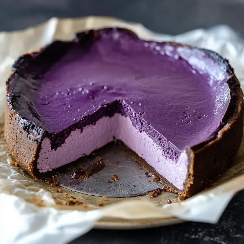 Ube Basque Cheesecake with ingredients arranged neatly on a clean background