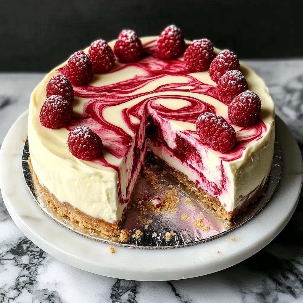 How to Make Velvety White Chocolate Raspberry Cheesecake 3 VELVETY WHITE CHOCOLATE RASPBERRY CHEESECAKE centered hero view, clean and uncluttered