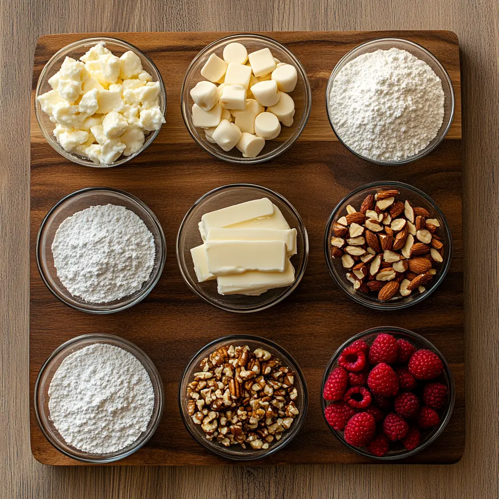 White Chocolate Raspberry Cheesecake ingredients neatly arranged on a clean surface