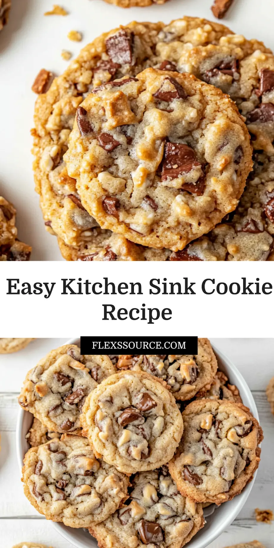 How to Make Kitchen Sink Cookies Deliciously 4 A close-up of baked KITCHEN SINK COOKIES with visible mix-ins like pretzels and chocolate chips, ready for sharing.