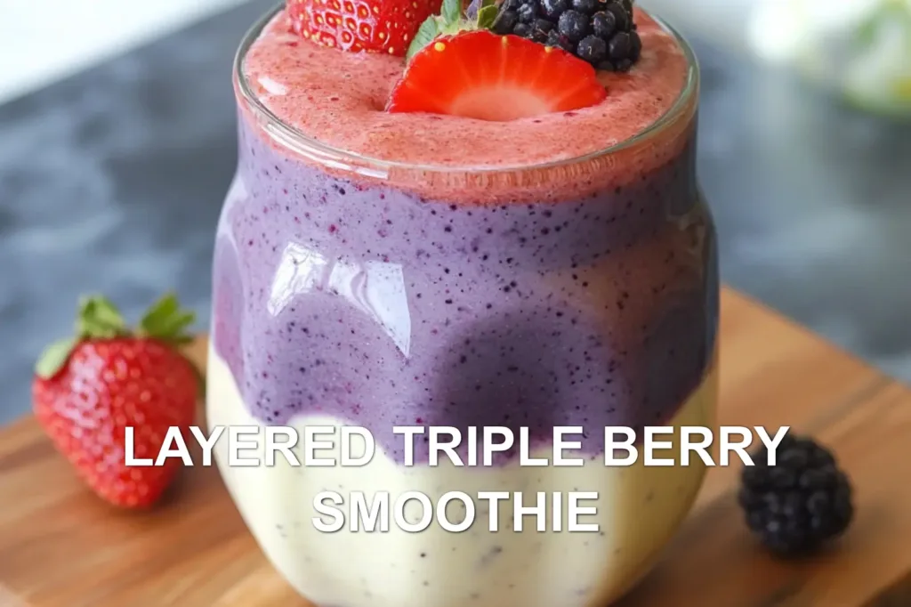 LAYERED TRIPLE BERRY SMOOTHIE centered hero view, clean and uncluttered