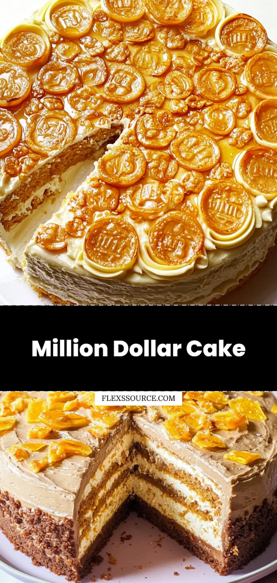 Close-up of a slice of MILLION DOLLAR CAKE showing creamy layers and fruit topping