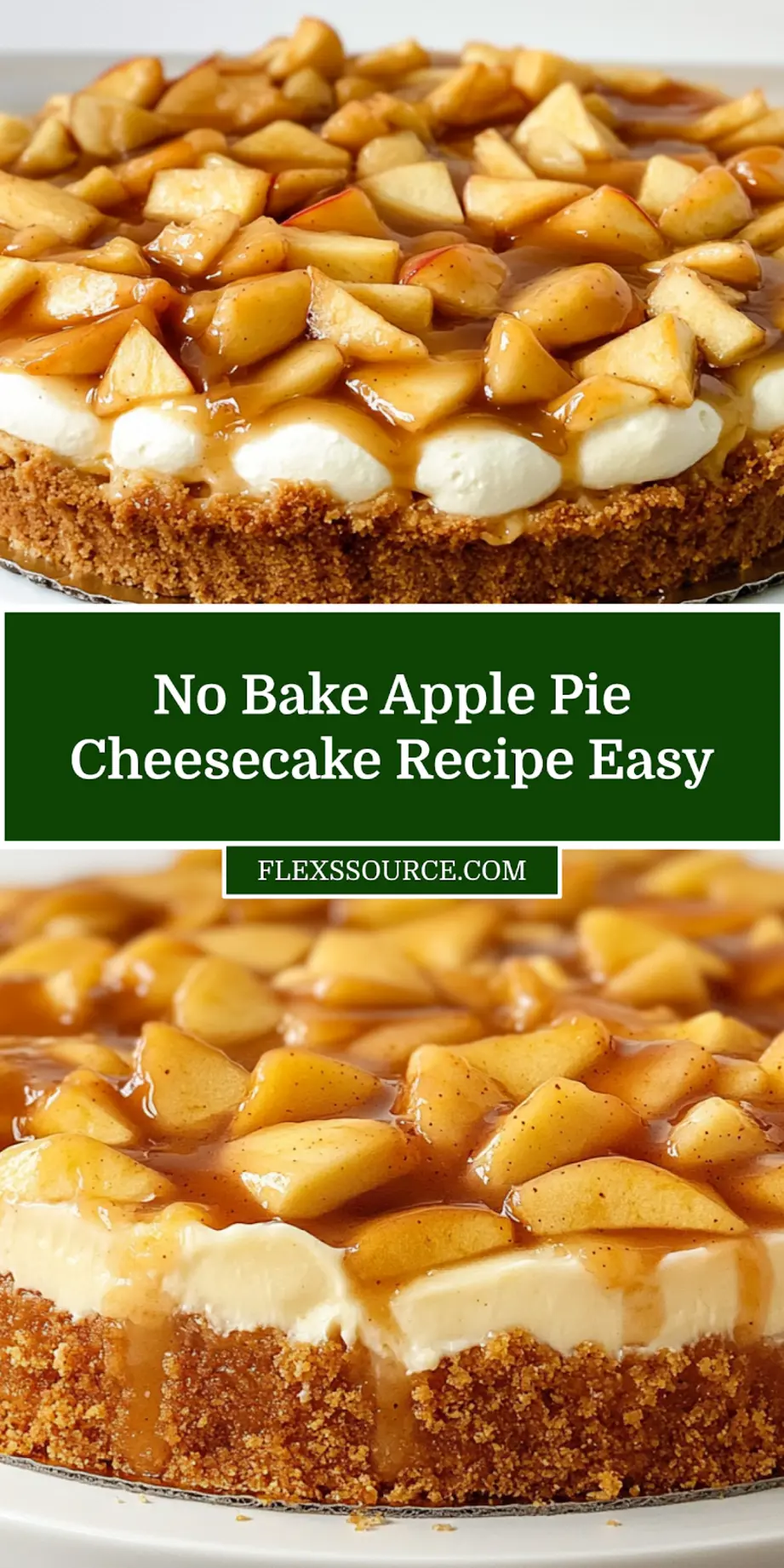 A close-up slice of No-Bake Apple Pie Cheesecake on a plate, showing the distinct layers of graham cracker crust, creamy filling, and spiced apple topping.