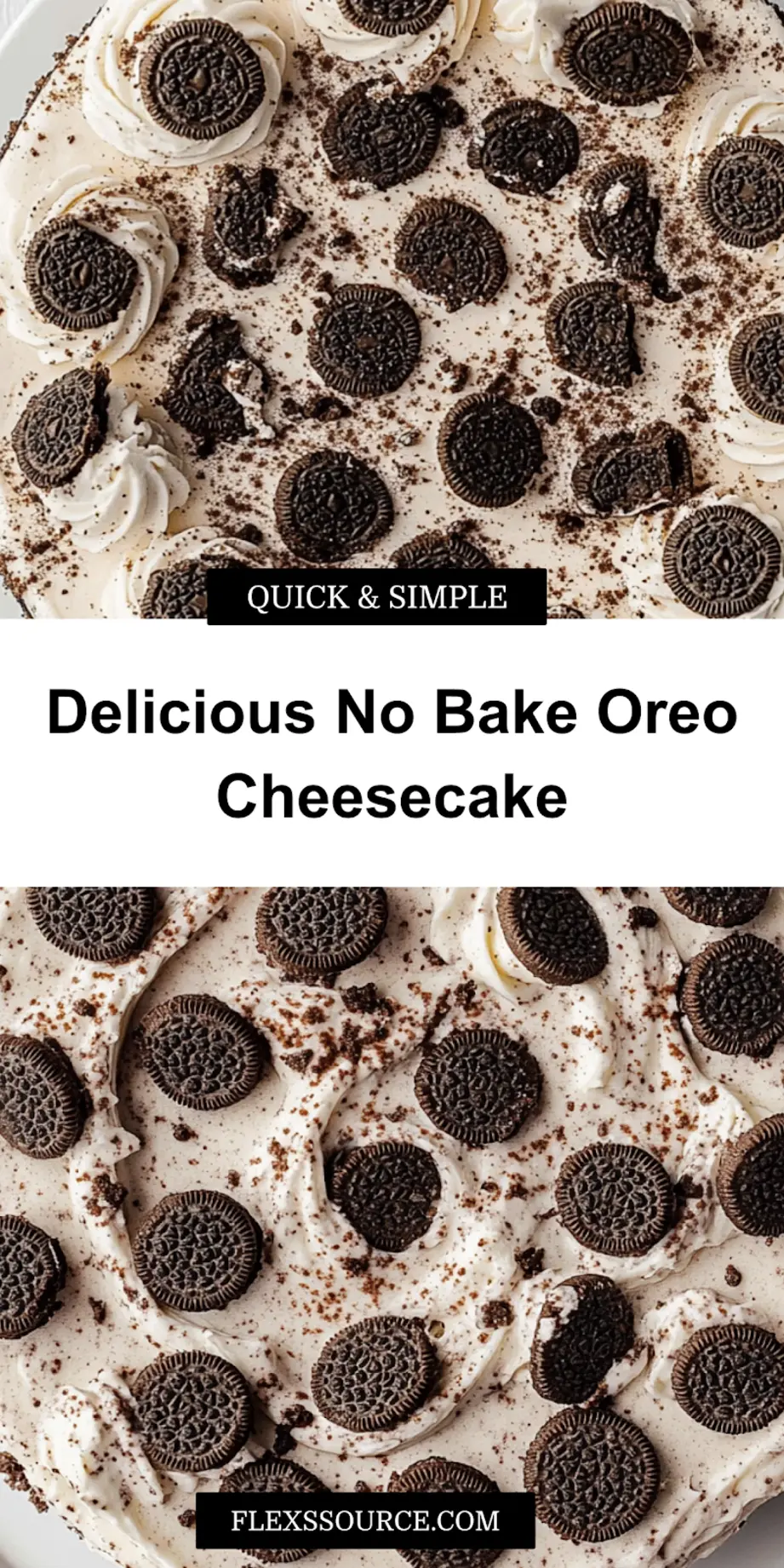 No-Bake Oreo Cheesecake, close-up slice showing creamy filling and cookie crust for Pinterest