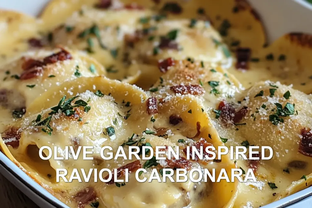 OLIVE GARDEN INSPIRED RAVIOLI CARBONARA centered hero view, clean and uncluttered