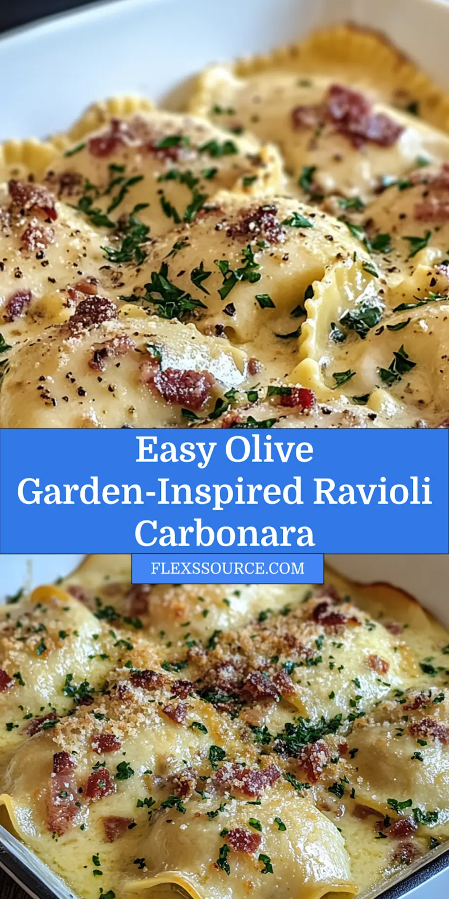 Close-up of Olive Garden-inspired ravioli carbonara with creamy sauce and crispy pancetta