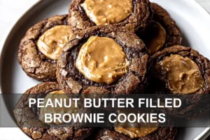 Delicious Peanut Butter Brownie Cookies Recipe PEANUT BUTTER FILLED BROWNIE COOKIES centered hero view, clean and uncluttered