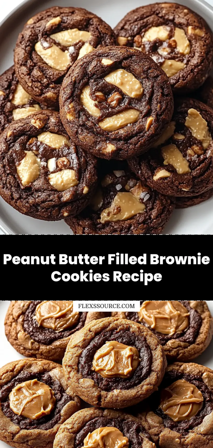 Close-up of Peanut Butter Filled Brownie Cookies showing gooey centers
