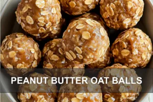 Easy Delicious Peanut Butter Oat Balls Recipe PEANUT BUTTER OAT BALLS centered hero view, clean and uncluttered