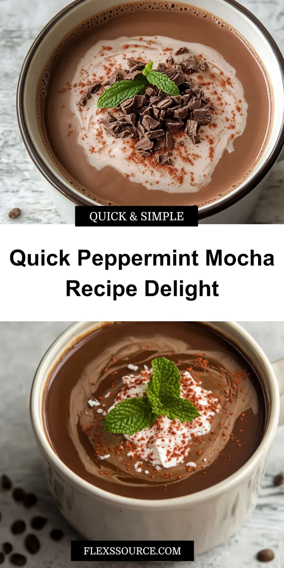 Finished peppermint mocha beverage topped with whipped cream and chocolate shavings