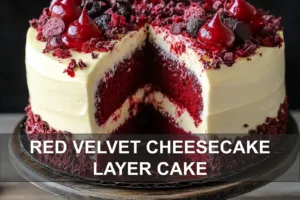 RED VELVET CHEESECAKE LAYER CAKE centered hero view, clean and uncluttered