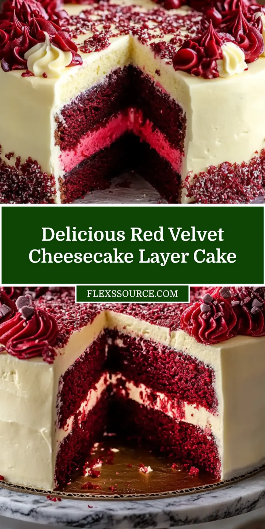 Red Velvet Cheesecake Layer Cake centered hero view, clean and uncluttered_pin