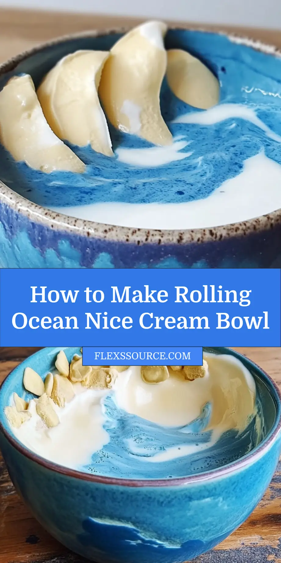 Close-up of Rolling Ocean Nice Cream Bowl showcasing the vibrant blue swirls and tropical toppings