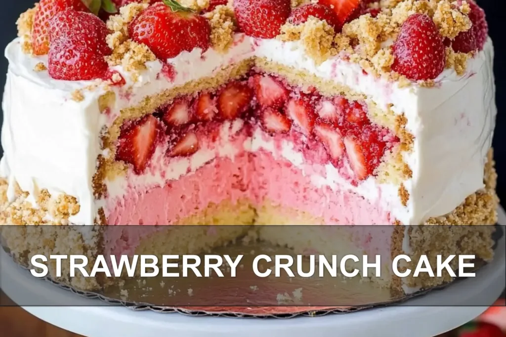 STRAWBERRY CRUNCH CAKE centered hero view, clean and uncluttered