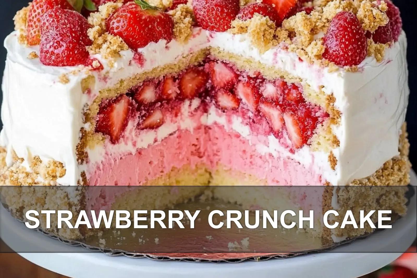 How to Make a Perfect Strawberry Crunch Cake 2 STRAWBERRY CRUNCH CAKE centered hero view, clean and uncluttered