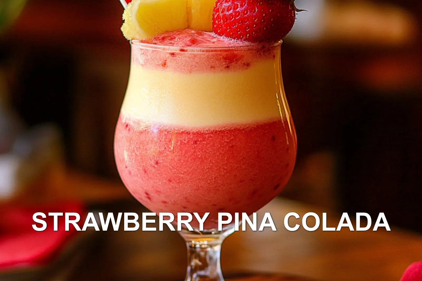 How to Make a Fresh Strawberry Pina Colada at Home 2 STRAWBERRY PINA COLADA centered hero view, clean and uncluttered