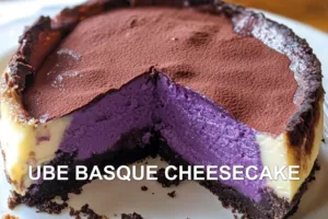 How to Make Delicious Ube Basque Cheesecake Easily UBE BASQUE CHEESECAKE centered hero view, clean and uncluttered