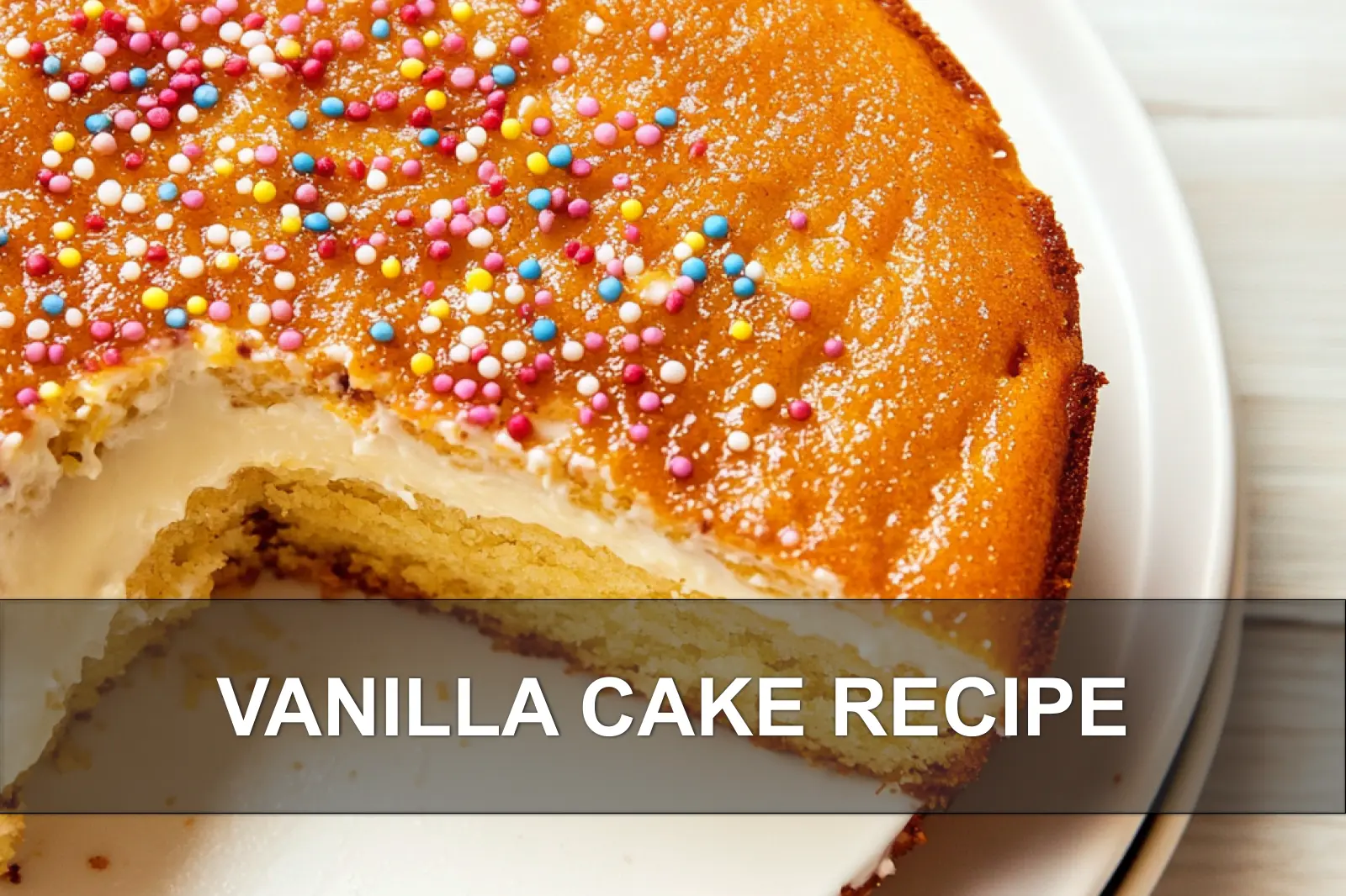 VANILLA CAKE RECIPE centered hero view, clean and uncluttered