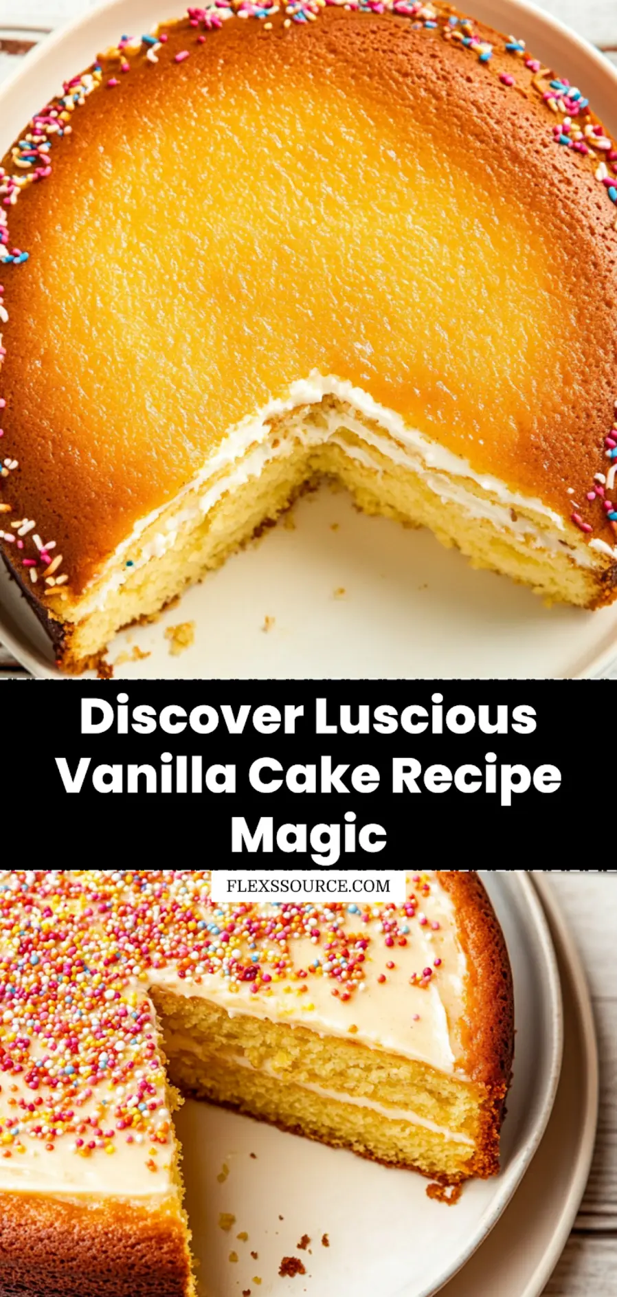VANILLA CAKE RECIPE centered hero view, clean and uncluttered_pin