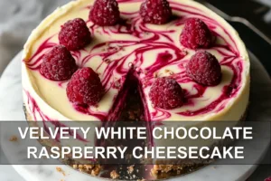 VELVETY WHITE CHOCOLATE RASPBERRY CHEESECAKE centered hero view, clean and uncluttered