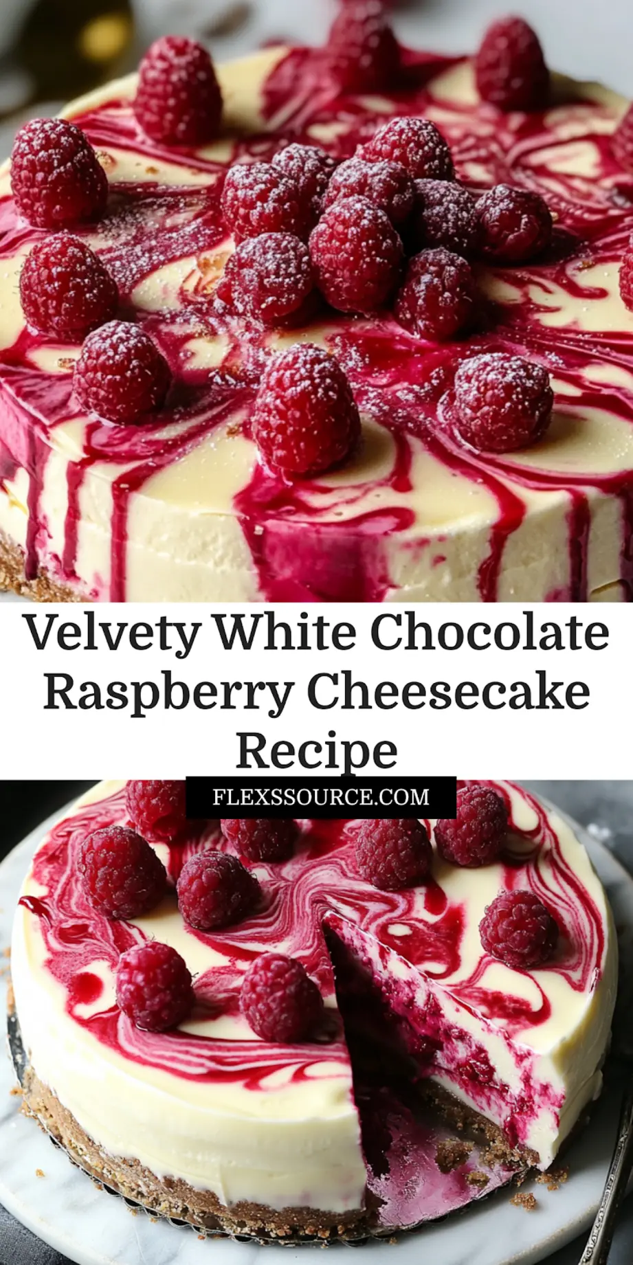 How to Make Velvety White Chocolate Raspberry Cheesecake 4 VELVETY WHITE CHOCOLATE RASPBERRY CHEESECAKE centered hero view, clean and uncluttered_pin