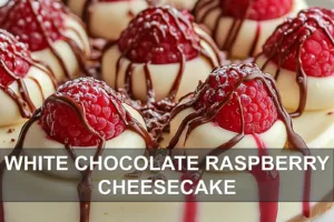 Irresistible White Chocolate Raspberry Cheesecake Recipe WHITE CHOCOLATE RASPBERRY CHEESECAKE centered hero view, clean and uncluttered