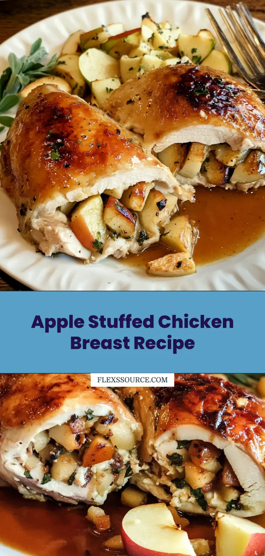 Apple stuffed chicken breast centered hero view, clean and uncluttered pin