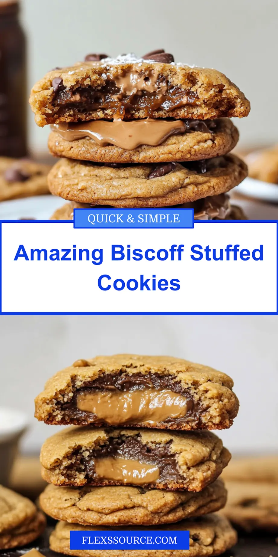 Biscoff stuffed cookies pin image with gooey center displayed