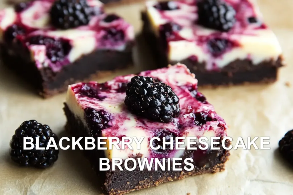BLACKBERRY CHEESECAKE BROWNIES centered hero view, clean and uncluttered