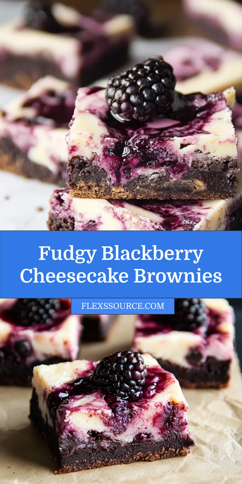 Blackberry cheesecake brownies with marbled swirl pattern and fresh berries