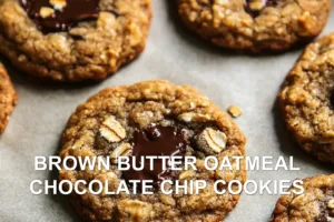 Easy Brown Butter Oatmeal Chocolate Chip Cookies BROWN BUTTER OATMEAL CHOCOLATE CHIP COOKIES centered hero view, clean and uncluttered