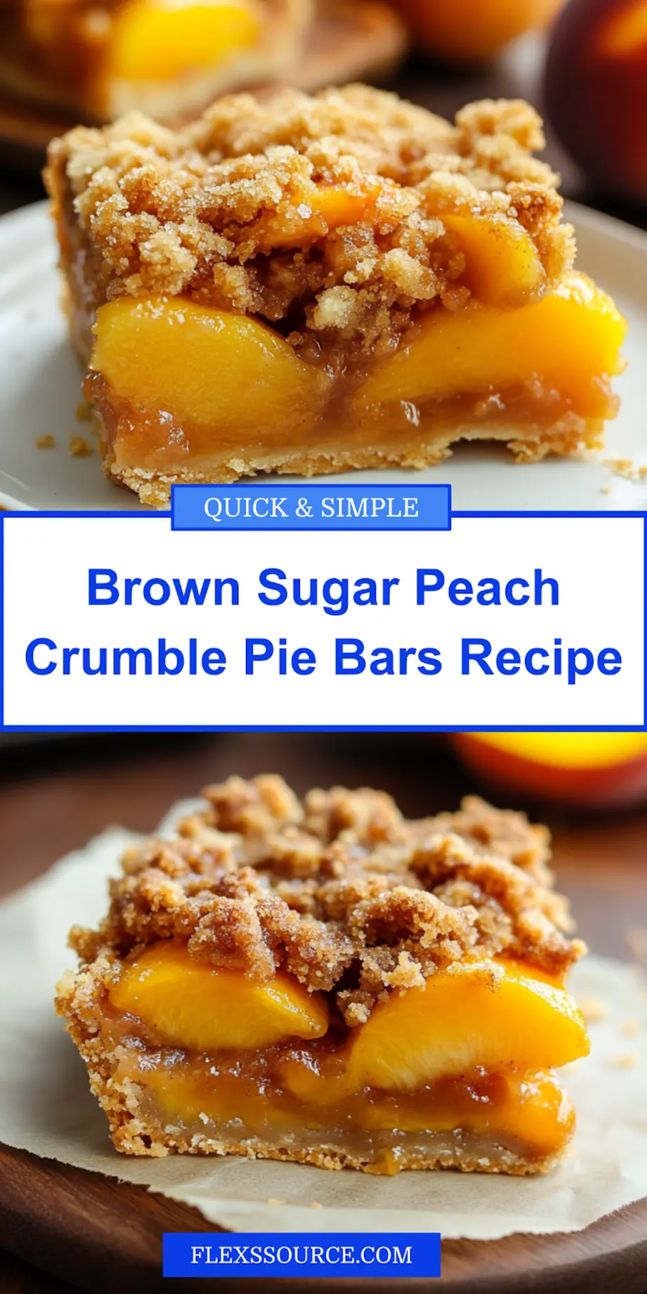 Brown sugar peach crumble pie bars with golden topping and juicy peach filling