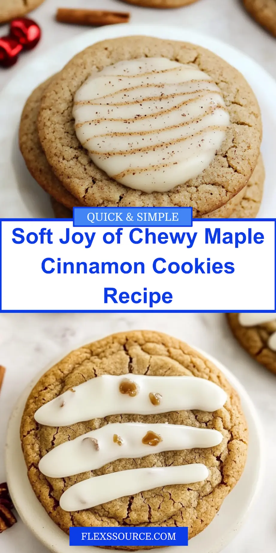 Close-up of chewy maple cinnamon cookies with white chocolate drizzle