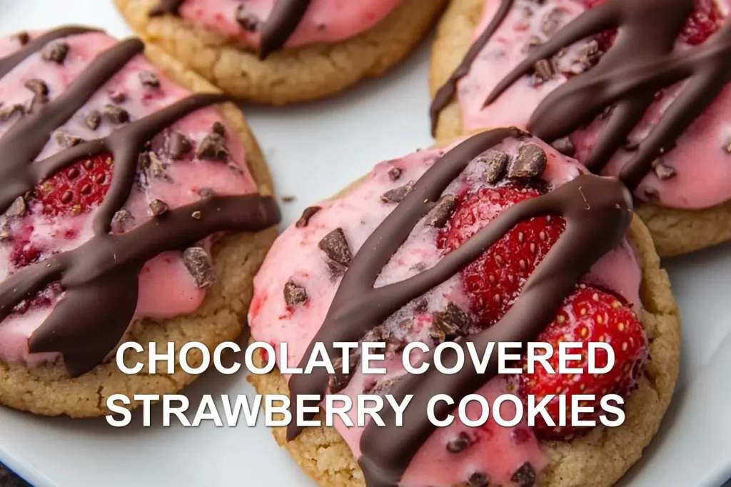 CHOCOLATE COVERED STRAWBERRY COOKIES centered hero view, clean and uncluttered