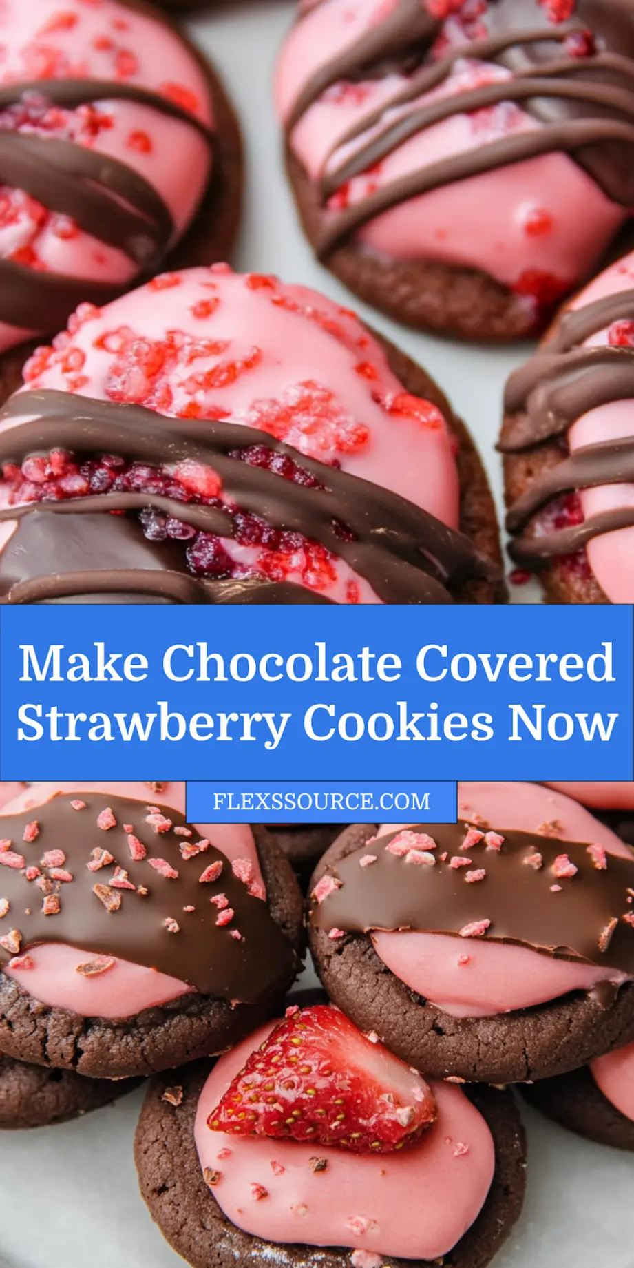 Chocolate covered strawberry cookies arranged neatly on a serving plate