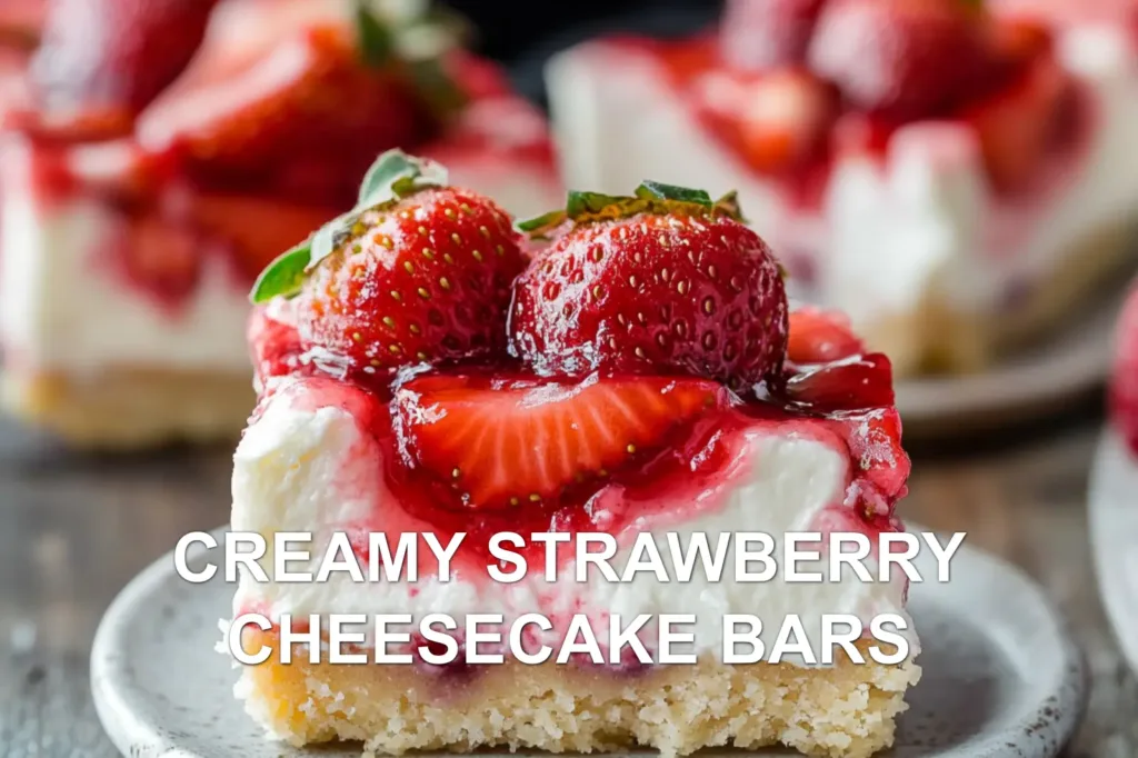 CREAMY STRAWBERRY CHEESECAKE BARS centered hero view, clean and uncluttered