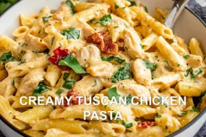 CREAMY TUSCAN CHICKEN PASTA centered hero view, clean and uncluttered