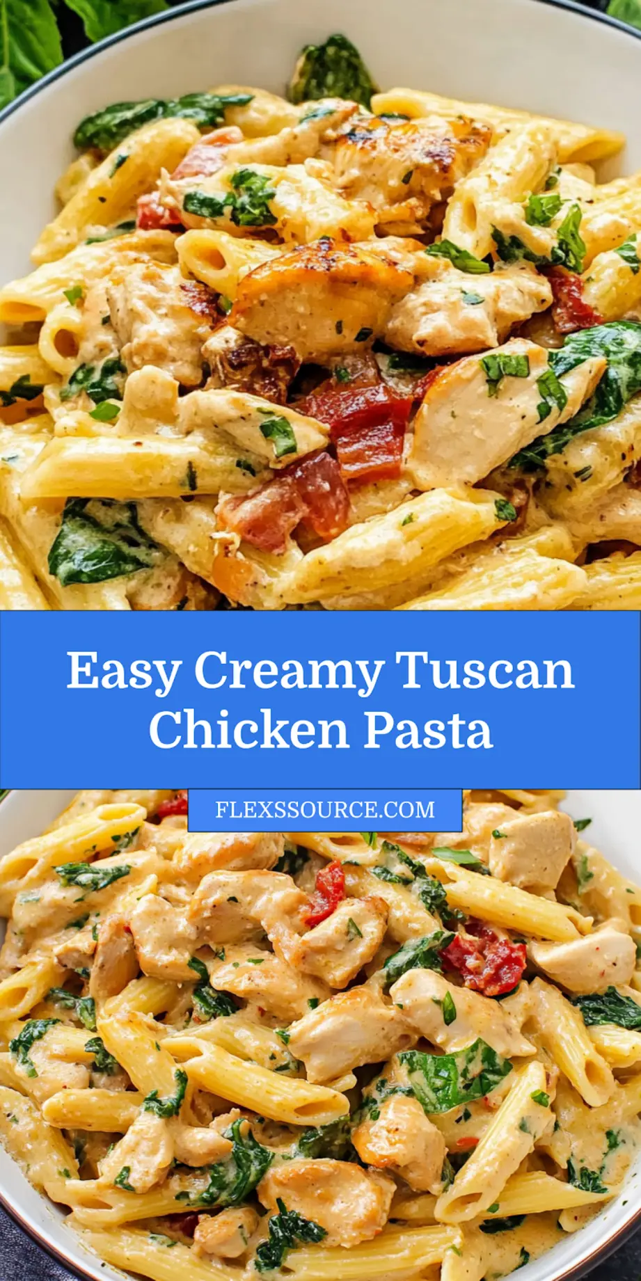 Creamy Tuscan Chicken Pasta in a white bowl, garnished and ready to serve
