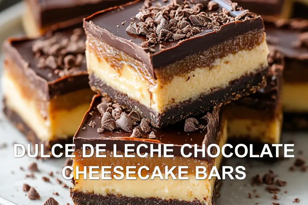 DULCE DE LECHE CHOCOLATE CHEESECAKE BARS centered hero view, clean and uncluttered
